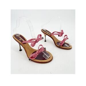 Chanel Vintage Pink Double Strap Satin Bow Cork Sole Slide Sandal Heels EU 38